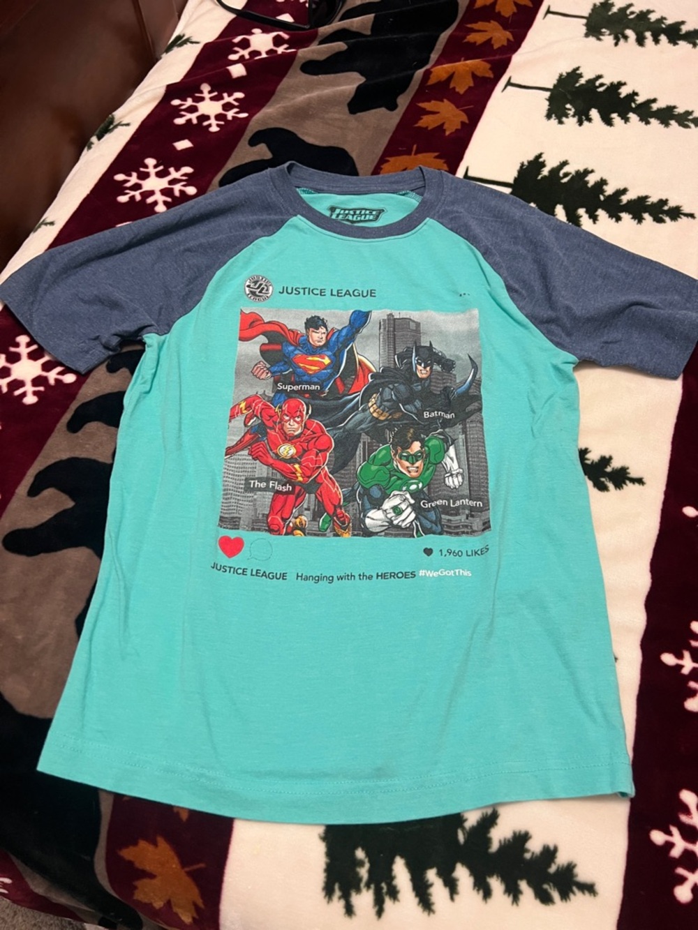 Justice League Raglan Tee in Aqua with Navy Sleeves